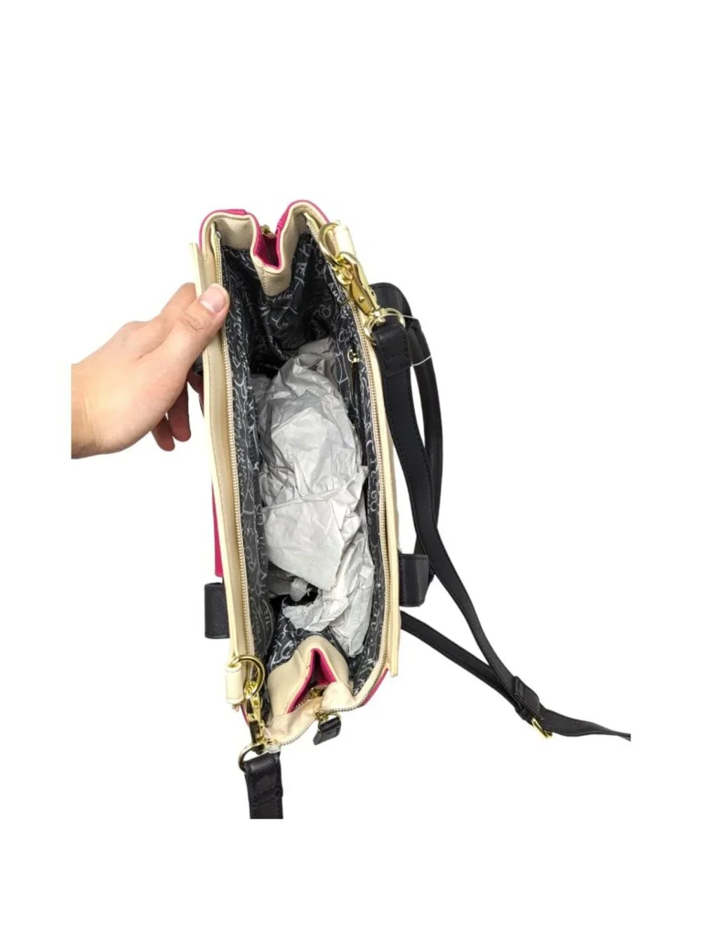 Betsey Johnson Beige Cream Pink Black Gold Handbag Satchel Crossbody Bag